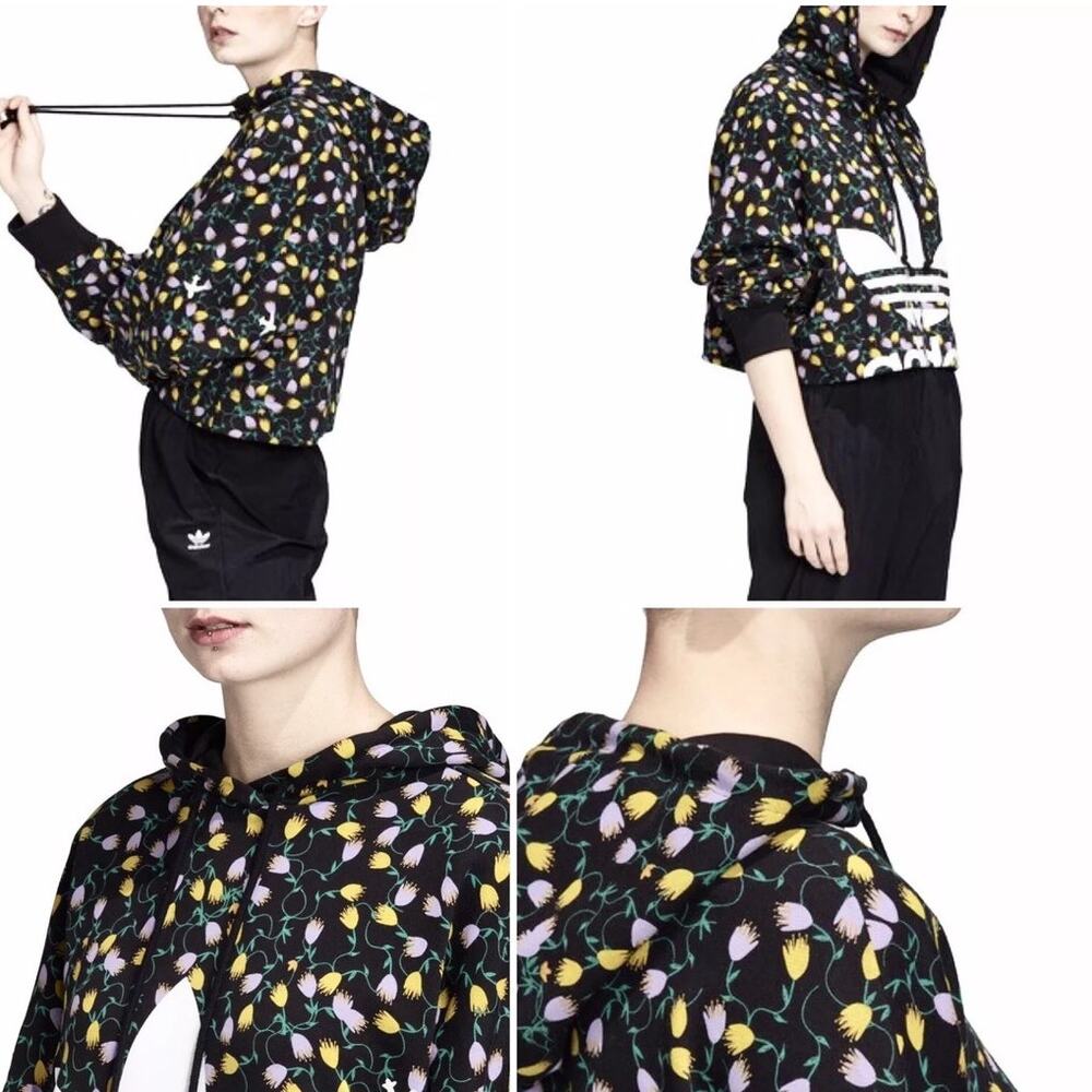 EUC ADIDAS Originals Cropped Hoodie Allover Print Drawcord Loose Fit Size Small - Picture 4 of 8